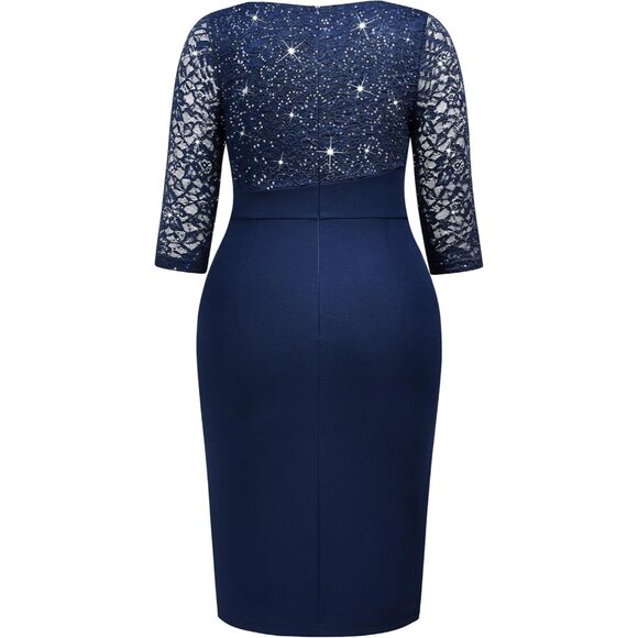 Women's Plus Size Sequin Lace V Neck Ruffle Split Hem Cocktail Dress - Picture 6 of 6